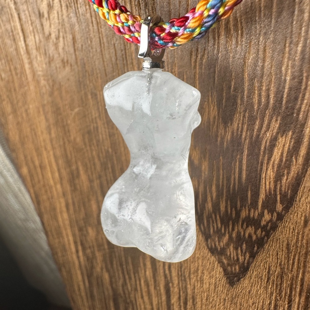Clear Quartz Lady Body Carving Pendant Necklace on Multicolor Rope, Silver Bail - Picture 12 of 14